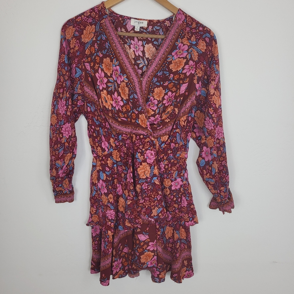Umgee Maroon Floral Ruffle Long Sleeve Dress Small - Picture 3 of 8